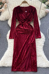 Robe longue en velours rétro à col en V et fente haute, élégante robe de soirée